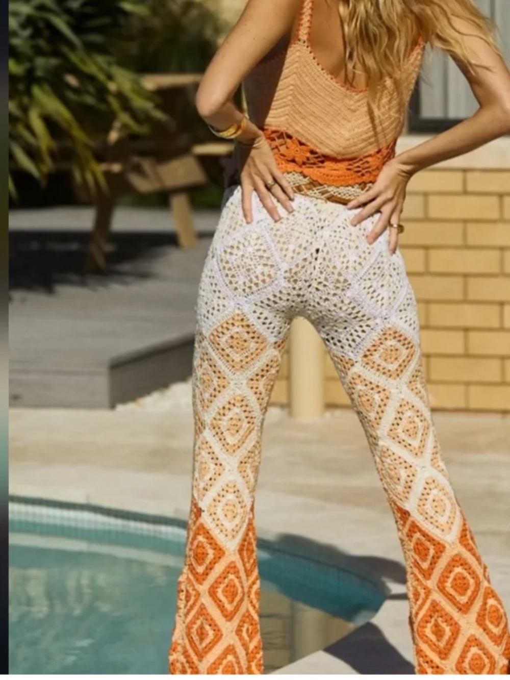 Chasing Unicorns Something To Talk About Crochet Flare Pants Orange/Cream Small - Picture 2 of 7